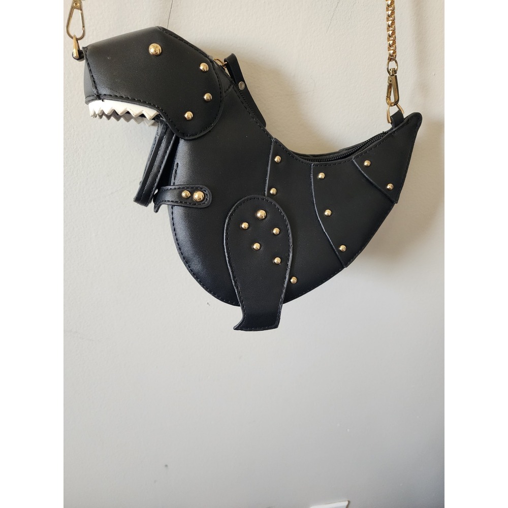 Black Studded Dinosaur T-Rex Crossbody Bag Novelty Purse Gold Chain Strap